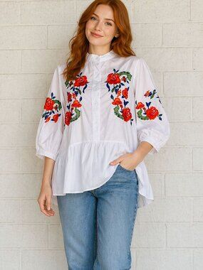 Mazatlan Boutique White Appliqued Embroidery Cotton Peasant Top Dress M